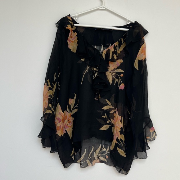 Polo Ralph Lauren (S) 100% Silk Floral Ruffle Sheer Black Work Career Blouse - Picture 6 of 12